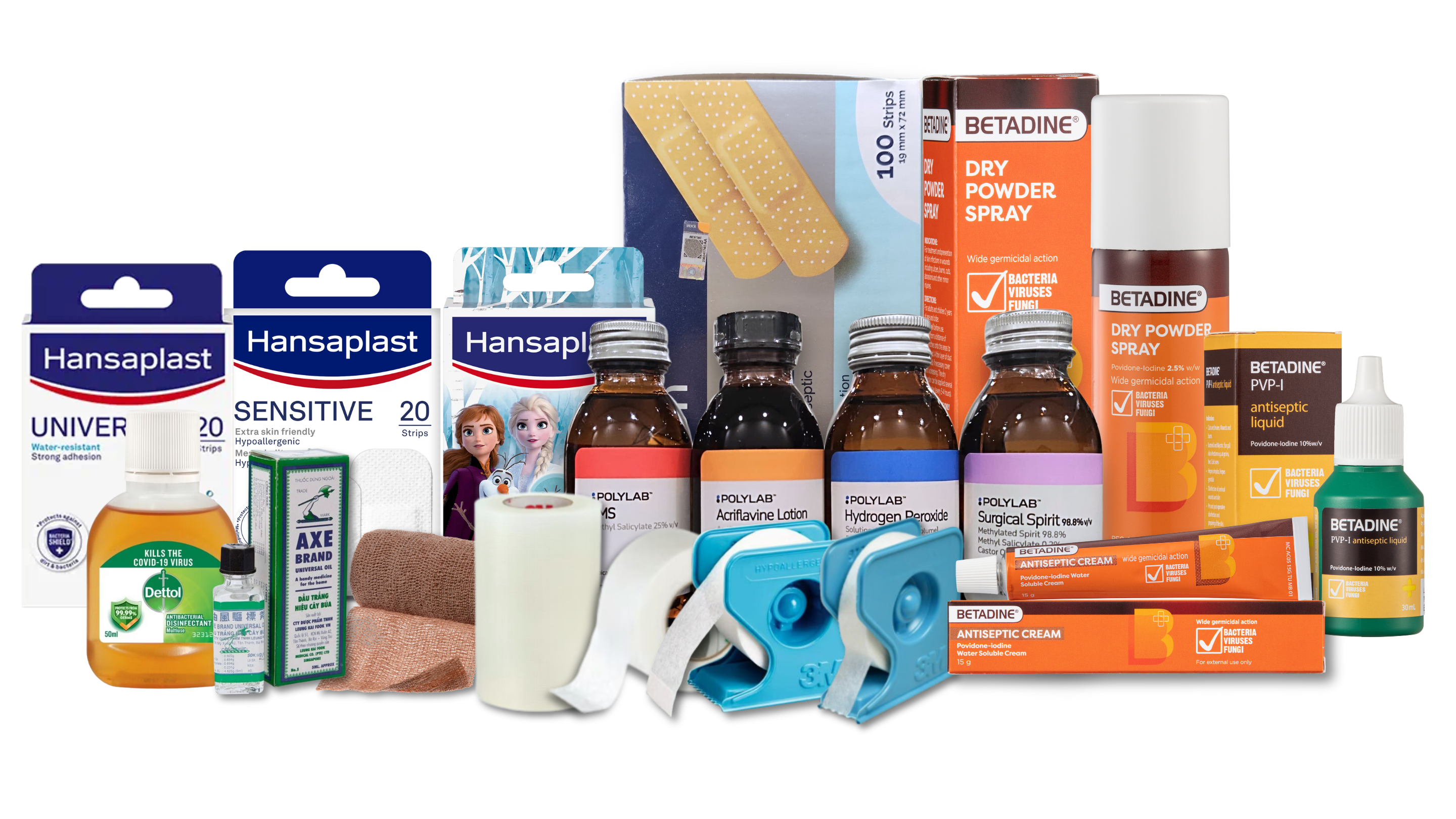Products for treating minor injuries and wounds. Disposable Bandages & dressings, antiseptics, disinfectants, cotton wool, medical tapes.